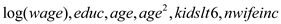     <div class=answer> (i) Re-estimating the labor supply function using   as the dependent variable and   as the independent variable such that   are the set of instrument variables, the result is:   The estimated elasticity of   with respect to   is 1.994349 When the labor supply function is estimated using   as the dependent variable and   as the independent variable such that   are the set of instrument variables, the result is:   The coefficient of   is 1639.56 The estimated elasticity of   with respect to   is given by:   Hence, it implies that at the average value of   which is 1303, the estimated elasticity of   with respect to   is:   Hence, the estimated elasticity of   with respect to   is 1.994349 of the model in which   is the dependent variable, which is higher than 1.26 of the model in which   is the dependent variable 