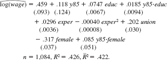  Use the data in CPS78_85.RAW for this exercise.> (i) How do you interpret the coefficient on y85 in equation? Does it have an interesting interpretation? (Be careful here; you must account for the interaction terms y85-educ and y85-female.) (ii) Holding other factors fixed, what is the estimated percent increase in nominal wage for a male with 12 years of education? Propose a regression to obtain a confidence interval for this estimate. [Hint: To get the confidence interval, replace y85-educ with y85-(educ — 12); refer to Example 6.3.] (iii) Reestimate equation but let all wages be measured in 1978 dollars. In particular, define the real wage as rwage = wage for 1978 and as rwage = wage/1.65 for 1985. Now, use log(rwage) in place of log(wage) in estimating. Which coefficients differ from those in equation? (iv) Explain why the R-squared from your regression in part (iii) is not the same as in equation. (Hint: The residuals, and therefore the sum of squared resid¬uals, from the two regressions are identical.) (v) Describe how union participation changed from 1978 to 1985. (vi) Starting with equation, test whether the union wage differential changed over time. (This should be a simple t test.) (vii) Do your findings in parts (v) and (vi) conflict? Explain.   