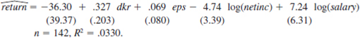  Regression analysis can be used to test whether the market efficiently uses information in valuing stocks. For concreteness, let return be the total return from holding a firm's stock over the four-year period from the end of 1990 to the end of 1994. The efficient markets hypothesis says that these returns should not be systematically related to information known in 1990. If firm characteristics known at the beginning of the period help to predict stock returns, then we could use this information in choosing stocks. For 1990, let dkr be a firm's debt to capital ratio, let eps denote the earnings per share, let netinc denote net income, and let salary denote total compensation for the CEO. <blockquote> (i) Using the data in RETURN.RAW, the following equation was estimated:   Test whether the explanatory variables are jointly significant at the 5% level. Is any explanatory variable individually significant? (ii) Now, reestimate the model using the log form for netinc and salary:   . Do any of your conclusions from part (i) change? (iii) In this sample, some firms have zero debt and others have negative earnings. Should we try to use log(dkr) or log(eps) in the model to see if these improve the fit? Explain. (iv) Overall, is the evidence for predictability of stock returns strong or weak? </blockquote>   