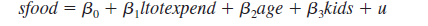  A common method for estimating <i>Engel curves </i>is to model expenditure shares as a function of total expenditure, and possibly demographic variables. A common specification has the form   where <i>sgood </i>is the fraction of spending on a particular good out of total expenditure and <i>ltotexpend </i>is the log of total expenditure. The sign and magnitude of <i>   </i>are of interest across various expenditure categories. To account for the potential endogeneity of <i>ltotexpend—</i>which can be viewed as an omitted variables or simultaneous equations problem, or both—the log of family income is often used as an instrumental variable. Let <i>lincome </i>denote the log of family income. For the remainder of this question, use the data in EXPENDSHARE.RAW, which comes from Blundell, Duncan, and Pendakur (1998). (i) Use <i>sfood</i>, the share of spending on food, as the dependent variable. What is the range of values of <i>sfood</i>? Are you surprised there are no zeros? (ii) Estimate the equation <i>   </i> by OLS, and report the coefficient on <i>ltotexpend</i>, <i>   </i>along with its heteroskedasticity- robust standard error. Intepret the result. (iii) Using <i>lincome </i>as an IV for <i>ltotexpend</i>, estimate the reduced form equation for <i>ltotexpend</i>; be sure to include <i>age </i>and <i>kids</i>. Assuming <i>lincome </i>is exogenous in (16.43), is <i>lincome </i>a valid IV for <i>ltotexpend</i>? (iv) Now estimate (16.43) by instrumental variables. How does <i>   </i>compare with <i>   </i>What about the robust 95% confidence intervals? (v) Use the test in Section 15.5 to test the null hypothesis that <i>ltotexpend </i>is exogenous in (16.43). Be sure to report and interpret the <i>p</i>-value. Are there any overidentifying restrictions to test? (vi) Substitute <i>salcohol </i>for <i>sfood </i>in (16.43) and estimate the equation by OLS and 2SLS. Now what do you find for the coefficients on <i>ltotexpend</i>? 