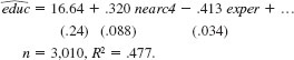  Use the data in CARD.RAW for this exercise. <blockquote> (i) In Table 15.1, the difference between the IV and OLS estimates of the return to education is economically important. Obtain the reduced form residuals,   , from   . (See Table 15.1 for the other variables to include in the regression.) Use these to test whether educ is exogenous; that is, determine if the difference between OLS and IV is s a is ically significant. (ii) Estimate the equation by 2SLS, adding nearc2 as an instrument. Does the coefficient on educ change much? (iii) Test the single overidentifying restriction from part (ii). </blockquote>   