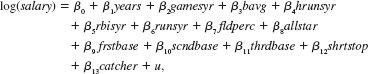  A model that allows major league baseball player salary to differ by position is   where outfield is the base group. <blockquote> (i) State the null hypothesis that, controlling for other factors, catchers and outfielders earn, on average, the same amount. Test this hypothesis using the data in MLB1.RAW and comment on the size of the estimated salary differential. (ii) State and test the null hypothesis that there is no difference in average salary across positions, once other factors have been controlled for. (iii) Are the results from parts (i) and (ii) consistent? If not, explain what is happening. </blockquote>   
