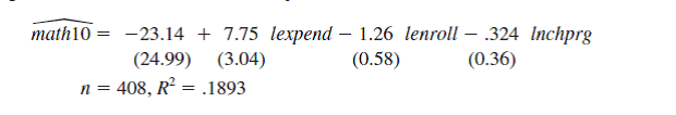  The following analysis was obtained using data in MEAP93.RAW, which contains schoollevel pass rates (as a percent) on a 10th grade math test. (i) The variable <i>expend </i>is expenditures per student, in dollars, and <i>math</i>10 is the pass rate on the exam. The following simple regression relates <i>math</i>10 to <i>lexpend </i><i>5 </i>log(<i>expend</i>): <i>   </i> Interpret the coefficient on <i>lexpend</i>. In particular, if <i>expend </i>increases by 10%, what is the estimated percentage point change in <i>math</i>10? What do you make of the large negative intercept estimate? (The minimum value of <i>lexpend </i>is 8.11 and its average value is 8.37.) (ii) Does the small <i>R</i>-squared in part (i) imply that spending is correlated with other factors affecting <i>math</i>10? Explain. Would you expect the <i>R</i>-squared to be much higher if expenditures were randomly assigned to schools—that is, independent of other school and student characteristics-rather than having the school districts determine spending? (iii) When log of enrollment and the percent of students eligible for the federal free lunch program are included, the estimated equation becomes <i>   </i>Comment on what happens to the coefficient on <i>lexpend</i>. Is the spending coefficient still statistically different from zero? (iv) What do you make of the <i>R</i>-squared in part (iii)? What are some other factors that could be used to explain <i>math</i>10 (at the school level)? 