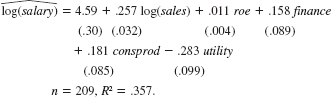  An equation explaining chief executive officer salary is   The data used are in CEOSAL1.RAW, where finance, consprod, and utility are binary variables indicating the financial, consumer products, and utilities industries. The omitted industry is transportation. <blockquote> (i) Compute the approximate percentage difference in estimated salary between the utility and transportation industries, holding sales and roe fixed. Is the difference statistically significant at the 1% level? (ii) Use equation to obtain the exact percentage difference in estimated salary between the utility and transportation industries and compare this with the answer obtained in part (i). (iii) What is the approximate percentage difference in estimated salary between the consumer products and finance industries? Write an equation that would allow you to test whether the difference is statistically significant. </blockquote> Equation   