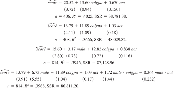  The following equations were estimated using the data in ECONMATH. The first equation is for men and the second is for women. The third and fourth equations combine men and women.   <blockquote> (i) Compute the usual Chow statistic for testing the null hypothesis that the regression equations are the same for men and women. Find the <i>p</i>-value of the test. (ii) Compute the usual Chow statistic for testing the null hypothesis that the slope coefficients are the same for men and women, and report the <i>p</i>-value. (iii) Do you have enough information to compute heteroskedasticity-robust versions of the tests in (ii) and (iii)? Explain. </blockquote>   
