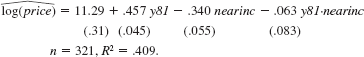 Using the data in KIELMC.RAW, the following equations were estimated using the years 1978 and 1981: and Compare the estimates on the interaction term y81-nearinc with those from equation. Why are the estimates so different?