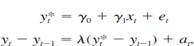A partial adjustment model is where yt* is the desired or optimal level of y, and yt is the actual (observed) level. For example, yt* is the desired growth in firm inventories, and xt is growth in firm sales. The parameter ?1 measures the effect of xt on yt*. The second equation describes how the actual y adjusts depending on the relationship between the desired y in time t and the actual y in time t - 1. The parameter ? measures the speed of adjustment and satisfies 0 ? ? ? 1. <blockquote> (i) Plug the first equation for yt* into the second equation and show that we can write In particular, find the ?j in terms of the ?j and ? and find ut in terms of et and at. Therefore, the partial adjustment model leads to a model with a lagged dependent variable and a contemporaneous x. </blockquote>