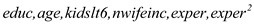     <div class=answer> (i) Re-estimating the labor supply function using   as the dependent variable and   as the independent variable such that   are the set of instrument variables, the result is:   The estimated elasticity of   with respect to   is 1.994349 When the labor supply function is estimated using   as the dependent variable and   as the independent variable such that   are the set of instrument variables, the result is:   The coefficient of   is 1639.56 The estimated elasticity of   with respect to   is given by:   Hence, it implies that at the average value of   which is 1303, the estimated elasticity of   with respect to   is:   Hence, the estimated elasticity of   with respect to   is 1.994349 of the model in which   is the dependent variable, which is higher than 1.26 of the model in which   is the dependent variable 