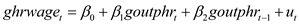 <div class=answer> (i) Estimating the regression equation: The result is as follows: The standard form of the regression model is: The coefficient of the lagged is 0.457635, with the p-value 0.009 which is less than critical p-value of 0.05 at 5% level of significance. Hence, it is concluded that lagged , which is given by is statistically significant. It shall be noted that GOUTPH_1= .