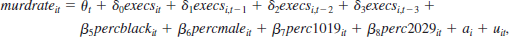 Use the data in COUNTYMURDERS to answer this question. The data set covers murders and executions (capital punishment) for 2,197 counties in the United States. See also Computer Exercise C16 in Chapter 13. <blockquote> (i) Consider the model where <i>?</i><i><sub>t</sub></i> represents a different intercept for each time period, <i>a</i><i><sub>i</sub></i> is the county fixed effect, and <i>u</i><i><sub>it</sub></i> is the idiosyncratic error. Why does it make sense to include lags of the key variable, <i>execs</i>, in the equation? (ii) Apply OLS to the equation from part (i) and report the estimates of <i>?</i><sub>0</sub>, <i>?</i><sub>1</sub>, <i>?</i><sub>2</sub>, and <i>?</i><sub>3</sub>, along with the usual pooled OLS standard errors. Do you estimate that executions have a deterrent effect on murders? Provide an explanation that involves <i>a</i><i><sub>i</sub></i>. (iii) Now estimate the equation in part (i) using fixed effects to remove <i>a</i><i><sub>i</sub></i>. What are the new estimates of the <i>?</i><i><sub>j</sub></i>? Are they very different from the estimates from part (ii)? (iv) Obtain the long-run propensity from estimates in part (iii). Using the usual FE standard errors, is the LRP statistically different from zero? (v) If possible, obtain the standard errors for the FE estimates that are robust to arbitrary heteroskedasticity and serial correlation in the {<i>u</i><i><sub>it</sub></i>}. What happens to the statistical significance of the ? What about the estimated LRP? </blockquote>