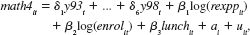 The file MATHPNL.RAW contains panel data on school districts in Michigan for the years 1992 through 1998. It is the district-level analogue of the school-level data used by Papke (2005). The response variable of interest in this question is math4, the percentage of fourth graders in a district receiving a passing score on a standardized math test. The key explanatory variable is rexpp, which is real expenditures per pupil in the district. The amounts are in 1997 dollars. The spending variable will appear in logarithmic form. <blockquote> (i) Consider the static unobserved effects model where enrolit is total district enrollment and lunchit is the percentage of stu¬dents in the district eligible for the school lunch program. (So lunchit is a pretty good measure of the district-wide poverty rate.) Argue that ft/10 is the percentage point change in math4it when real per-student spending increases by roughly 10%. (ii) Use first differencing to estimate the model in part (i). The simplest approach is to allow an intercept in the first-differenced equation and to include dummy variables for the years 1994 through 1998. Interpret the coefficient on the spend¬ing variable. (iii) Now, add one lag of the spending variable to the model and reestimate using first differencing. Note that you lose another year of data, so you are only using changes starting in 1994. Discuss the coefficients and significance on the current and lagged spending variables. (iv) Obtain heteroskedasticity-robust standard errors for the first-differenced regres¬sion in part (iii). How do these standard errors compare with those from part (iii) for the spending variables? (v) Now, obtain standard errors robust to both heteroskedasticity and serial correla¬tion. What does this do to the significance of the lagged spending variable? (vi) Verify that the differenced errors rit = Auit have negative serial correlation by carrying out a test of AR(1) serial correlation. (vii) Based on a fully robust joint test, does it appear necessary to include the enroll¬ment and lunch variables in the model? </blockquote>