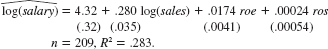 In Problem, we added the return on the firm’s stock, ros, to a model explaining CEO salary; ros turned out to be insignificant. Now, define a dummy variable, rosneg, which is equal to one if ros<0 and equal to zero if ros ? 0. Use CEOSAL1.RAW to estimate the model Discuss the interpretation and statistical significance of Problem Consider an equation to explain salaries of CEOs in terms of annual firm sales, return on equity (roe, in percentage form), and return on the firm’s stock (ros, in percentage form): <blockquote> (i) In terms of the model parameters, state the null hypothesis that, after controlling for sales and roe, ros has no effect on CEO salary. State the alternative that better stock market performance increases a CEO’s salary. (ii) Using the data in CEOSAL1.RAW, the following equation was obtained by OLS: By what percentage is salary predicted to increase if ros increases by 50 points? Does ros have a practically large effect on salary? (iii) Test the null hypothesis that ros has no effect on salary against the alternative that ros has a positive effect. Carry out the test at the 10% significance level. (iv) Would you include ros in a final model explaining CEO compensation in terms of firm performance? Explain. </blockquote>