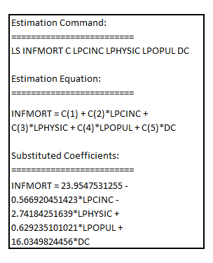     <div class=answer> (i) Using the data for the year 1990 and estimating the model with the inclusion of a dummy variable for the observation on the District of Columbia (called   ), the result is:       The coefficient of   is 16.03498 It is interpreted as the infant mortality rate being 16.03498 for the State of District of Columbia 