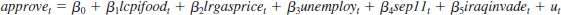 Use the data in APPROVAL to answer the following questions. See also Computer Exercise C14 in Chapter 11. <blockquote> (i) Estimate the equation using first differencing and test the errors in the first-differenced (FD) equation for AR(1) serial correlation. In particular, let <i> </i>be the OLS residuals in the FD estimation and regress <i> </i>on ; report the <i>p</i>-value of the test. What is the estimate of <i>?</i>? (ii) Estimate the FD equation using Prais-Winsten. How does the estimate of <i>?</i><sub>2</sub> compare with the OLS estimate on the FD equation? What about its statistical significance? (iii) Return to estimating the FD equation by OLS. Now obtain the Newey-West standard errors using lags of one, four, and eight. Discuss the statistical significance of the estimate of b2 using each of the three standard errors. </blockquote>