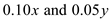     <div class=answer> Let the amount of a 10% concentration be <i>x</i> and the amount of a 5% concentration be <i>y</i>. The total amount of solution is the sum of <i>x</i> and <i>y</i>. So,   The mixed solution is 8% of 20cc, that is   . The mixture is obtained by adding   . So,   Thus, the system of equations is         