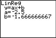     <div class=answer> Consider the ordered pairs as shown in the following in each pair of tables. Press stat to view the statistics calculation options.   Press 2<sup>nd</sup> graph to view the table   The equation that fits best for the data, found using linear regression with a graphing calculator. Press stat and use to select calc and press 4 then equation of the form         The graph of the above linear equation.   