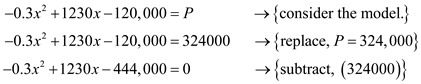     <div class=answer> Consider the quadratic function:   Where   and   represents the profit in dollars and the number of units of a product produced and sold respectively. Now determine the number of units of the product produced and sold that will lead to a profit of $324,000 as shown below:   