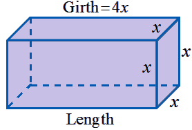     <div class=answer> Consider a rectangular box with length of   inches and two equal sides of <i>x</i> inches as shown below:   The volume of the bow is given by,   