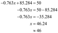     <div class=answer> Consider the model for the marriage rate   . Here <i>x</i> is the number of years after 1950. (a) Find for what years does this model indicate that the marriage rate was above 50 marriages per 1000 unmarried women. To do this, substitute   for   in the equation   . Then,   Since <i>x</i> is the number of years after 1950. So,   Thus, this model indicates that the marriage rate was above 50 per 1000 before   
