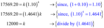     <div class=answer> Let   denote the amount invested in dollars and   denotes the future value of the investment respectively. It is stated that money is invested for 4 years with interest   compounded annually. The future value of the investment varies directly as the fourth power of   that means,   , where   is the proportionality constant. Determine the value of   as shown below:     