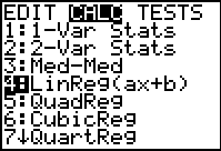     <div class=answer> Consider the ordered pairs as shown in the following in each pair of tables. Press stat to view the statistics calculation options.   Press 2<sup>nd</sup> graph to view the table   The equation that fits best for the data, found using linear regression with a graphing calculator. Press stat and use to select calc and press 4 then equation of the form         The graph of the above linear equation.   