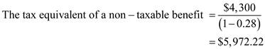     <div class=answer> <u> Comparison of taxes for employee benefits </u>: a) <u>Non-taxable pension contribution or use of Company car with taxable value</u>: We already know that the taxable value of using the Company car is $6,325. Then, in order to compare both the options we have to find out the tax equivalent of the non-taxable benefit. The formula to calculate the tax-equivalent of a non-taxable benefit is:   Substitute the values in the formula:   The tax equivalent of the non-taxable benefit of pension is $5,972.22 while the taxable value of using the Company car is $6,325 The value of use of company car is higher. 