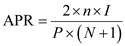     <div class=answer> The annual percentage rate is the annual cost of the credit in the percentage terms. The APR yields a true rate of interest for comparison with other sources of credit. Following is the formula to calculate APR:   n= Number of payment periods in one year, 12 I= Dollar cost of credit or Finance charge, $55 P= Principal amount borrowed, $500 N=Total number of payments scheduled to pay off the loan, 12 