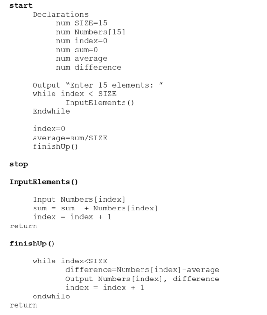     <div class=answer> a. The logic (pseudo-code) for the program that allows a user to enter 15 numbers, then displays each number and its difference from the numeric average of the numbers entered is as follows:   