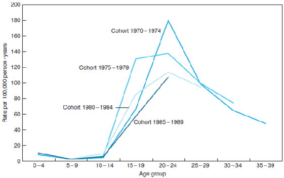 Refer to Figure 1. What are some possible explanations for the observed birth cohort effect among those who died at ages 20–24? Figure 1 Death rates from homicide and legal intervention for black males in the United States by selected birth cohorts. Data source: Surveillance Research Program, National Cancer Institute. SEER*Stat software version 6.4.4. Available at: http://www.seer.cancer.gov/seerstat. Accessed January 10, 2012.