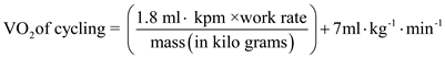     <div class=answer> The oxygen requirement of cycling is linear over a range of work rates up to about 200 W. The oxygen cost of cycling can be calculated from the following formula:   Whereas   is sum of resting O<sub>2</sub> consumption (3.5) and O<sub>2</sub> cost of unloaded cycling (3.5). 