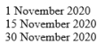 The equity section of Starstruck Corporation Ltd at 31 December 2019 included the following:    On November 1 2020 the board of directors declared a $2.00 per share dividend on the ordinary shares, payable 30 November 2020 to shareholders of record on 15 November 2020. Prepare the journal entries that should be made by Starstruck Corporation Ltd on the dates indicated below:   