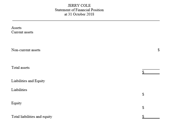Prepare an income statement, statement of changes in equity, and a statement of financial position for the dental practice of Jerry Cole, from the items listed below for the month of October 2018.