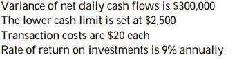   Calculate the upper cash limit per the Miller- Orr model. A)  $ 2,898 B)  $10,398 C)  $ 5,131 D)  $ 7,500