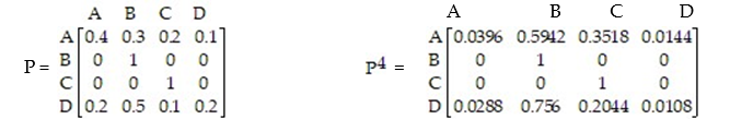 Given the transition matrix:   Find the probability of going from state A to state D in four trials. A)  0.0396 B)  0.0144 C)  0 D)  0.3518