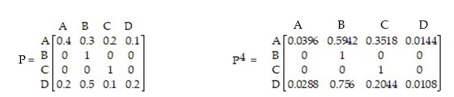 Given the transition matrix:   Find the probability of going from state C to state B in four trials. A)  0.0396 B)  0.756 C)  0 D)  0.0144