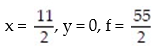 Solve the linear programming problem by using the simplex method.   A)  x = 0, y = 11, f = 33 B)    C)  x = 5, y = 0, f = 25 D)  x = 5, y = 1, f = 28