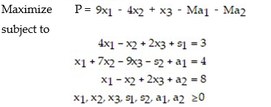 Write the modified problem for the following linear programming problem (DO NOT SOLVE) :   A)    B)    C)    D)   