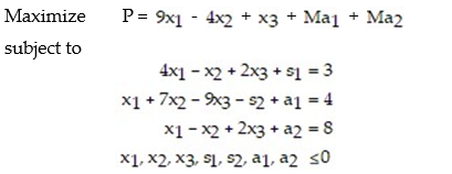 Write the modified problem for the following linear programming problem (DO NOT SOLVE) :   A)    B)    C)    D)   