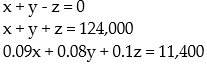 <strong>Find the system of equations to model the problem. DO NOT SOLVE THIS SYSTEM: -A $124,000 trust is to be invested in bonds paying 9%, CDs paying 8%, and mortgages paying 10%. The sum of the amount invested in bonds and the amount invested in CDs must equal the mortgage investment. To earn an $11,400 annual income from the investments, how much should the bank invest in each?Let x represent the amount invested in bonds, y the amount invested in CDs, and z the amount invested in mortgages.</strong> A) B) C) D)