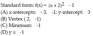<strong>Find the vertex form for the quadratic function. Then find each of the following: (A) Intercepts (B) Vertex (C) Maximum or minimum (D) Range  - </strong> A)   B)   C)   D)   <div style=padding-top: 35px> 