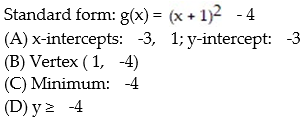 <strong>Find the vertex form for the quadratic function. Then find each of the following: (A) Intercepts (B) Vertex (C) Maximum or minimum (D) Range  - </strong> A)   B)   C)   D)   <div style=padding-top: 35px> 