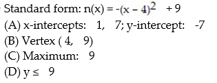 <strong>Find the vertex form for the quadratic function. Then find each of the following: (A) Intercepts (B) Vertex (C) Maximum or minimum (D) Range  - </strong> A)   B)   C)   D)   <div style=padding-top: 35px> 