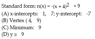 <strong>Find the vertex form for the quadratic function. Then find each of the following: (A) Intercepts (B) Vertex (C) Maximum or minimum (D) Range  - </strong> A)   B)   C)   D)   <div style=padding-top: 35px> 