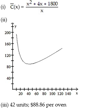  Financial analysts in a company that manufactures ovens arrived at the following daily cost equation for manufacturing x ovens per day: C(x)  =   + 4x + 1800. The average cost per unit at a production level of x ovens per day is   (x)  = C(x) /x. (i)  Find the rational function   . (ii)  Sketch a graph of   (x)  for 10  \le  x  \le  125. (iii)  For what daily production level (to the nearest integer)  is the average cost per unit at a minimum, and what is the minimum average cost per oven (to the nearest cent) ? HINT: Refer to the sketch in part (ii)  and evaluate   (x)  at appropriate integer values until a minimum value is found.   A)    B)    C)    D)    