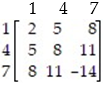 Daisy and Gus write down one of the numbers 1, 4 , or 7. If the sum of the numbers is even Daisy pays Gus that number of dimes. If the sum of the numbers is odd, Gus pays Daisy that number of dimes. Write Daisy's game matrix that corresponds to this situation. A)    B)    C)    D)   