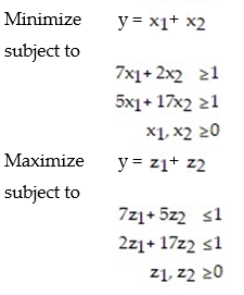Suppose a matrix game has the following nonstrictly determined matrix:   Set up (but do not solve) , the two corresponding linear programming problem used to solve this matrix game. A)    B)   
