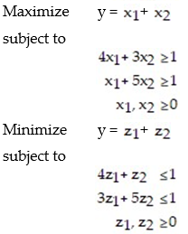 Suppose a matrix game has the following nonstrictly determined matrix:   Set up (but do not solve) , the two corresponding linear programming problem used to solve this matrix game. A)    B)   