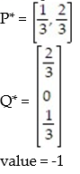 Use the simplex method to find the optimum strategy for players A and B and the value of the game for the payoff matrix: -  A)    B)    C)    D)   