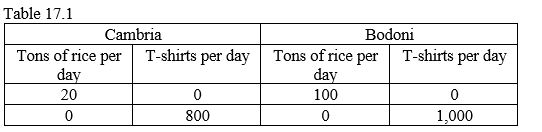 Table 17.1    -Refer to Table 17.1, which shows the per-day production data of rice and T-shirts for two countries, Cambria and Bodoni. Based on the table, it can be said that Bodoni should produce rice and trade its rice for Cambria's T-shirts.