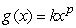 The figure below shows the graphs of two power functions, f and g. The formula for g is    , where k = _____ and p = _____.  
